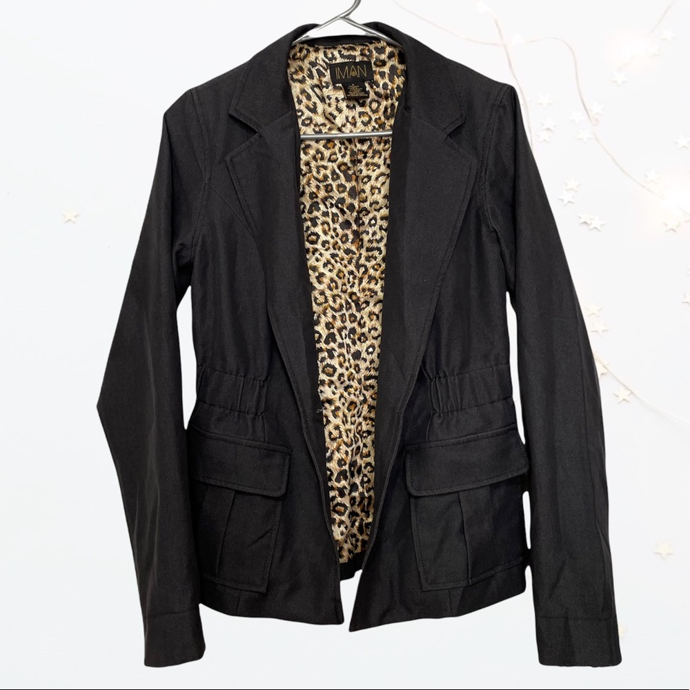 🔥 IMAN Darck Denim Blazer Jacket Leopard Liner Size S